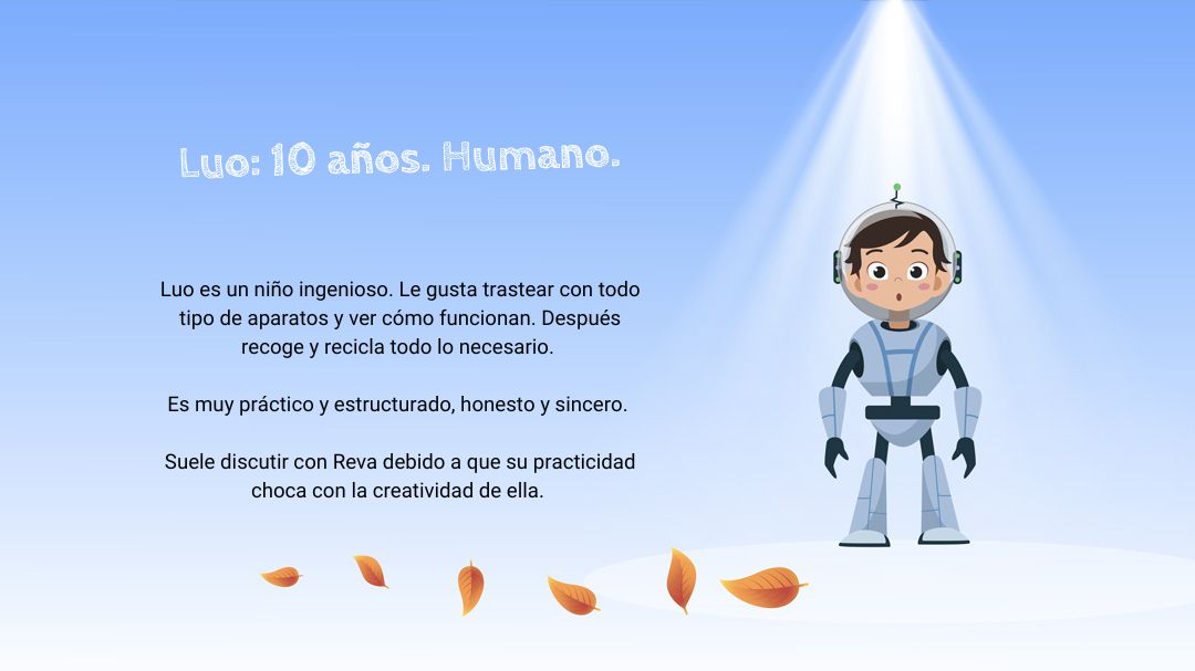 Se ve un fondo de cielo azul y unas hojas marrones. El personaje de Luo esta de pie mirando a cámara y se puede leer "Luo: 10 años. Humano. Luo es un niño ingenioso. Le gusta trastear con todo tipo de aparatos y ver cómo funcionan. Después recoge y recicla todo lo necesario. Es muy práctico y estructurado, honesto y sincero. Suele discutir con Reva debido a que su practicidad choca con la creatividad de ella".